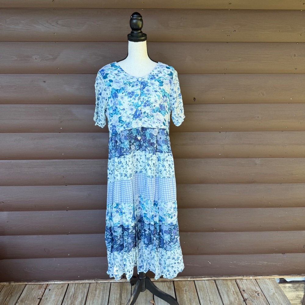 La Cera Vintage Blue Patchwork Floral Gingham Tiered Midi Dress Sz L Cotton